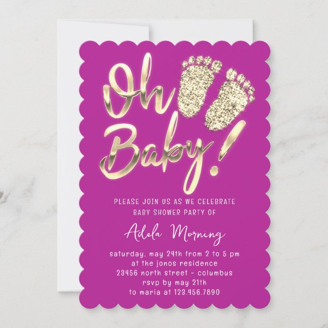 Golden Feet Baby Girl Boy Shower Purple Fuchsia Invitation (Front)