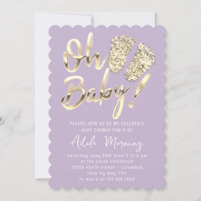 Golden Feet Baby Girl Boy Shower Purple Violet  Invitation (Front)