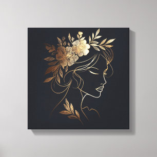 Golden Feminine Line Art Portrait with Floral Crow Canvas Print