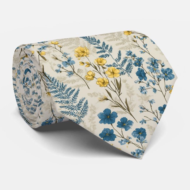 Golden Fern & Blue Wildflower Tie (Rolled)