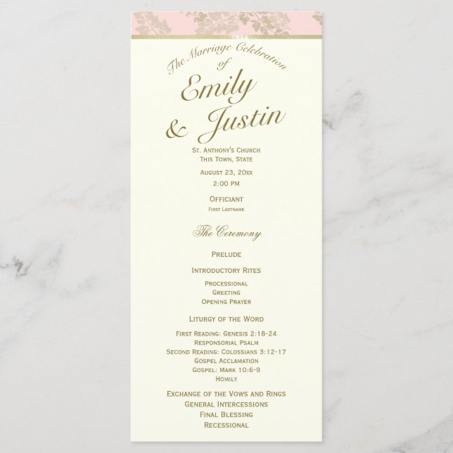 Golden Fern Blush and Ivory Wedding Program Programme (Front)