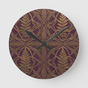 Golden Fern Ornate Geometric Purple  Round Clock