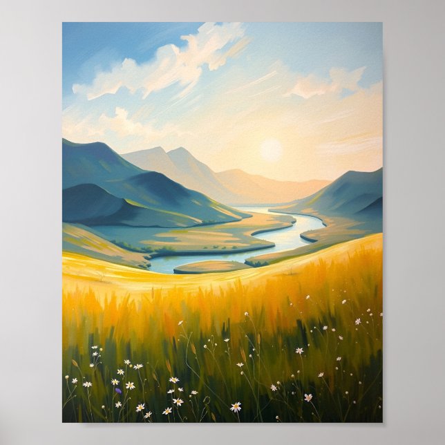 Golden Field and River at Sunset Poster (Front)