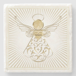 Golden Filigree Christmas Angel of Grace on White Stone Coaster