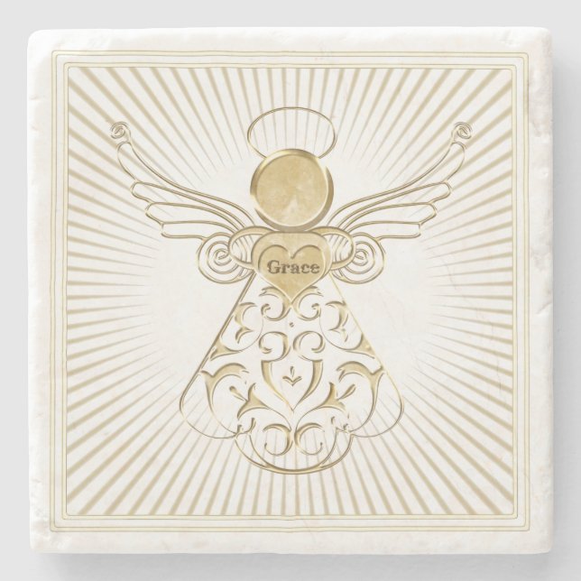Golden Filigree Christmas Angel of Grace on White Stone Coaster (Front)