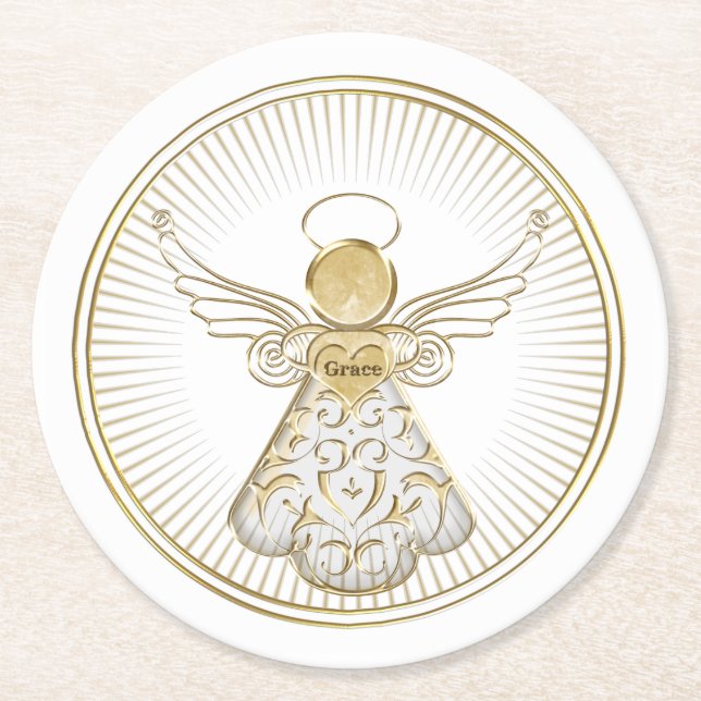 Golden Filigree Christmas Angel of Grace Round Paper Coaster (Front)