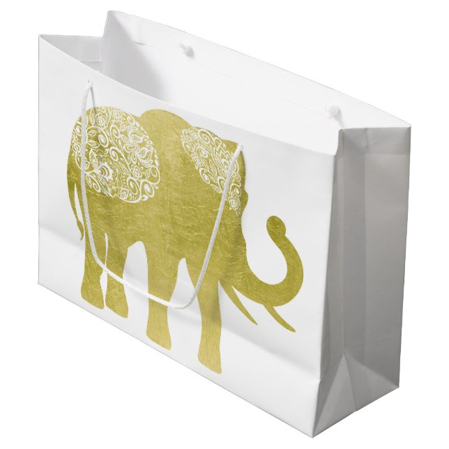 Golden Filigree Elephant Large Gift Bag (Front Angled)