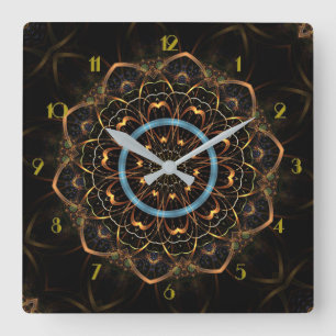 Golden Filigree Mandala Square Wall Clock
