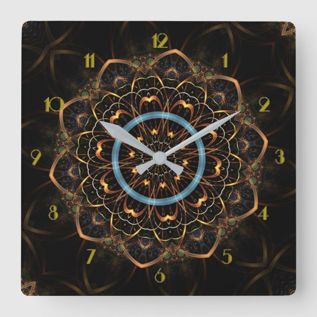 Golden Filigree Mandala Square Wall Clock (Front)