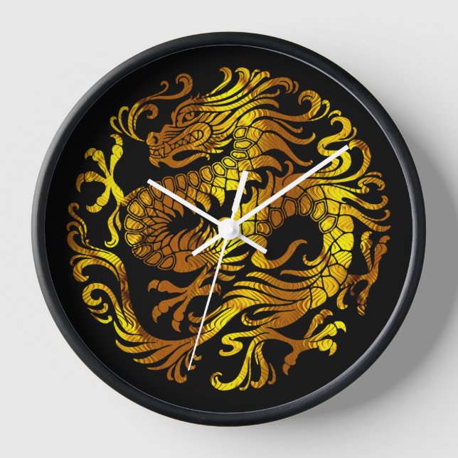 Golden Fire: A Dragon's Engraving Clock (Front)