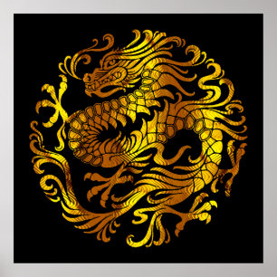Golden Fire: A Dragon's Engraving Poster