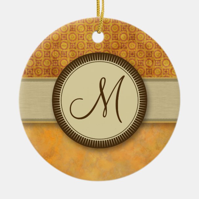 Golden Fire Coin Pattern with Monogram Ceramic Tree Decoration (Front)