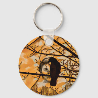Golden Fire Raven Face Key Ring