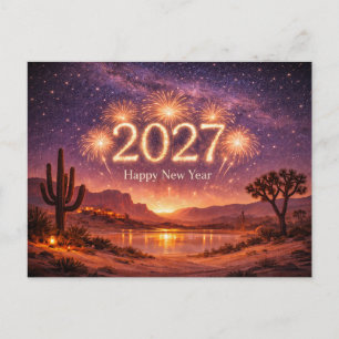 Golden Fireworks 2027 Desert Night Sky Celebration Holiday Postcard