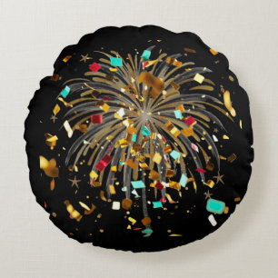 Golden Fireworks & Confetti Celebration Round Cushion