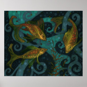 Golden Fish Underwater Animals Painting Black Teal Poster