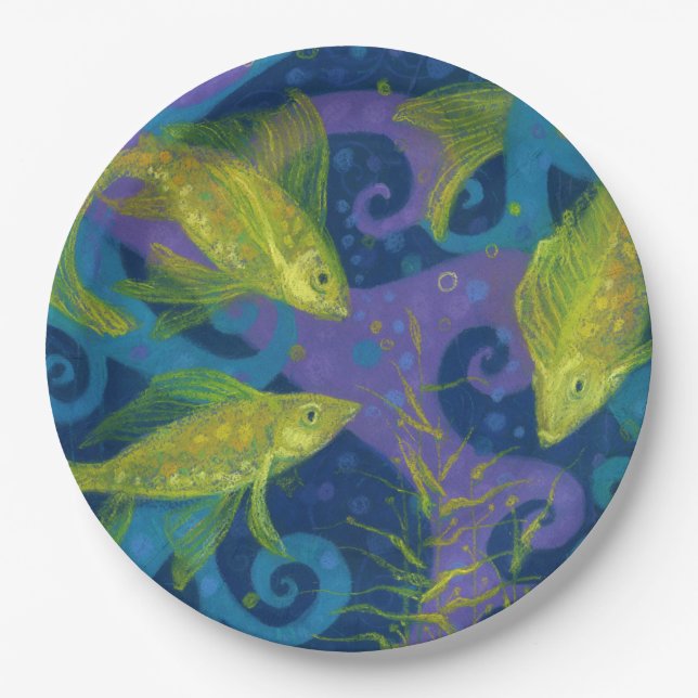 Golden Fishes, Pisces, fish, nautical underwater Paper Plate (Front)