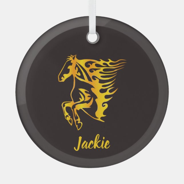 Golden flame horse with custom name  glass tree decoration (Front)