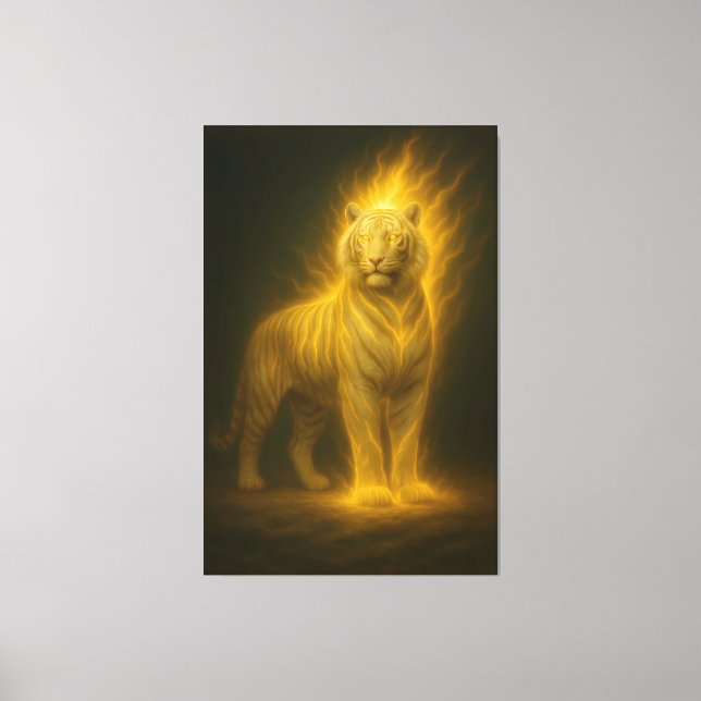 Golden Flame White Tiger – Fantasy Art Painting Canvas Print (Front)