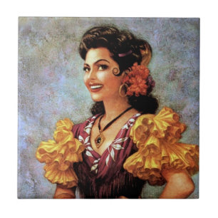 Golden Flamenco Beautiful Mexican Calendar Girl Tile