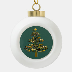 Golden Fleur de Lis Christmas Tree on Rich Green Ceramic Ball Christmas Ornament