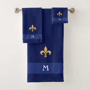 Golden Fleur-de-Lis & Monogram on Navy Blue Bath Towel Set