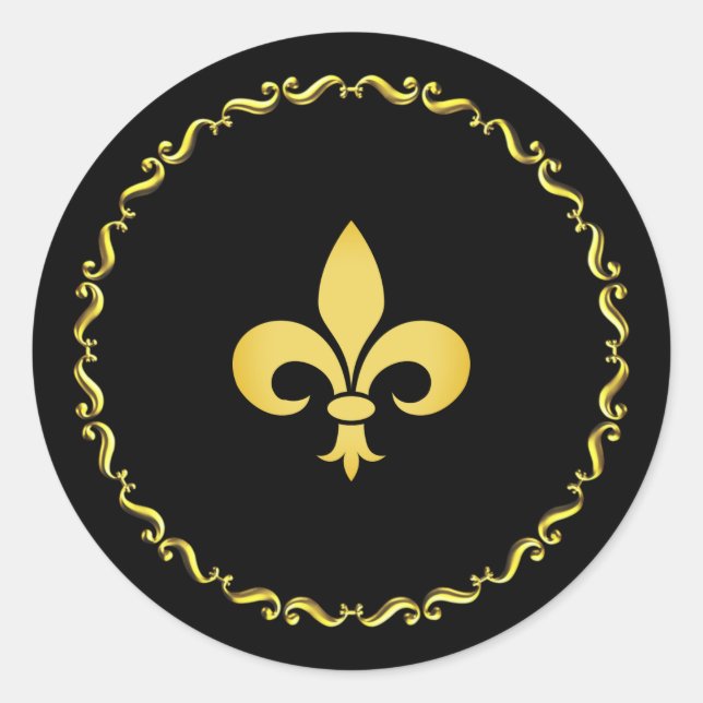Golden Fleur de Lis on Black  Classic Round Sticker (Front)