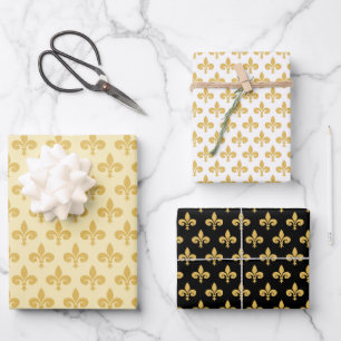 Golden Fleur de Lis on Black Golden & White Wrapping Paper Sheet