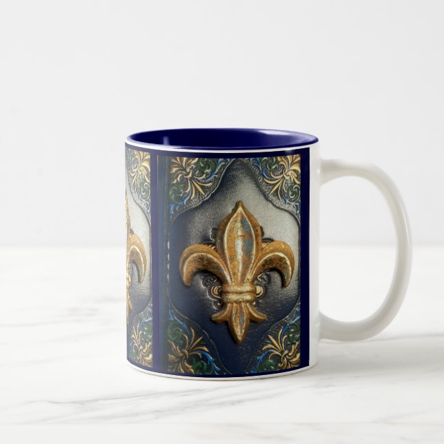 Golden Fleur de lis on blue print Mug (Right)