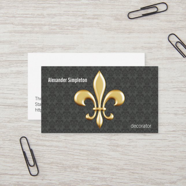 Golden Fleur De Lis on Damask Business Card (Front/Back In Situ)