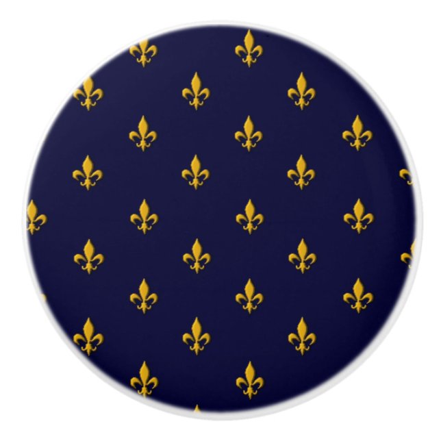 Golden Fleur de Lis on Navy Blue Ceramic Knob (Front)