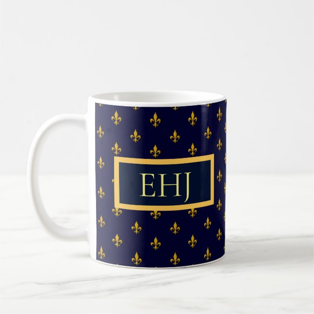 Golden Fleur de Lis on Navy Blue Coffee Mug (Left)