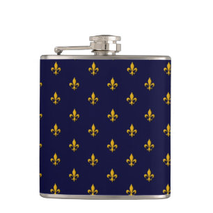 Golden Fleur de Lis on Navy Blue Hip Flask