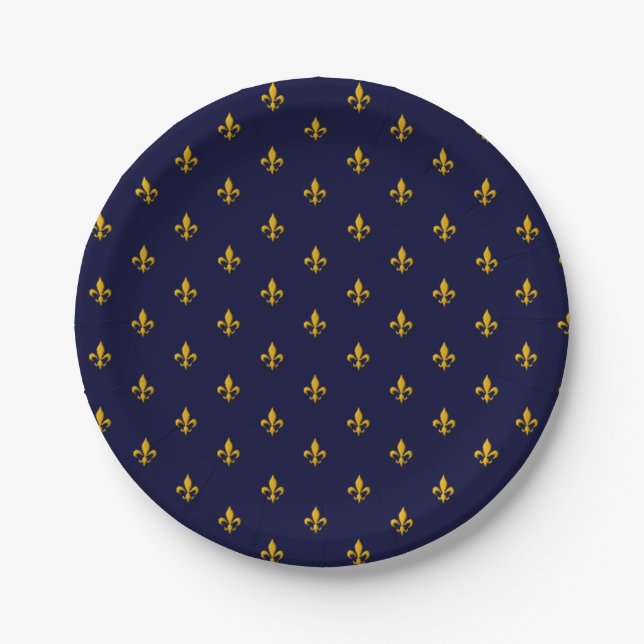 Golden Fleur de Lis on Navy Blue Paper Plate (Front)