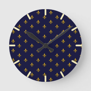 Golden Fleur de Lis on Navy Blue Round Clock