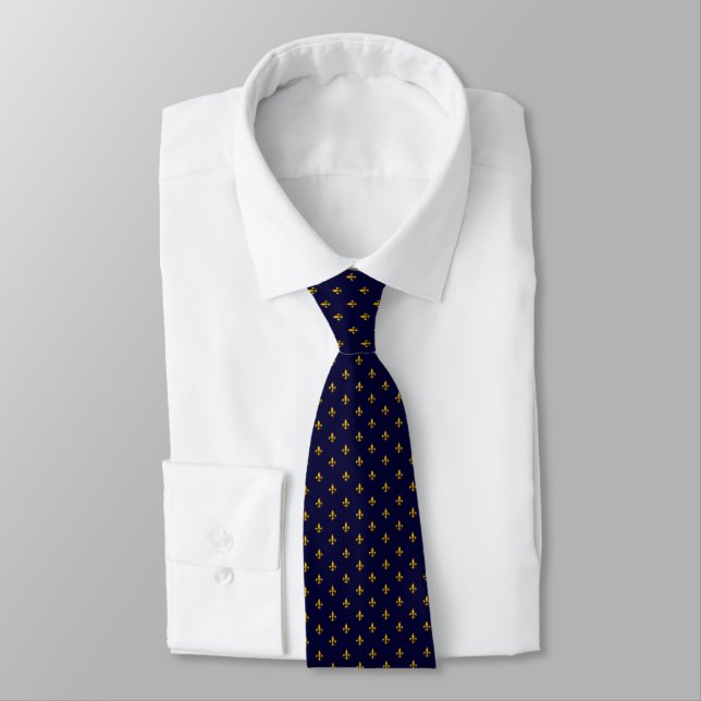 Golden Fleur de Lis on Navy Blue  Tie (Tied)