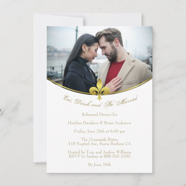 Golden Fleur de Lis Photo Rehearsal Dinner Invite (Front)