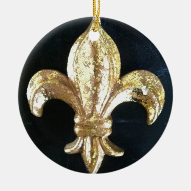 GOLDEN FLEUR DE LIS PRINT CERAMIC TREE DECORATION (Front)