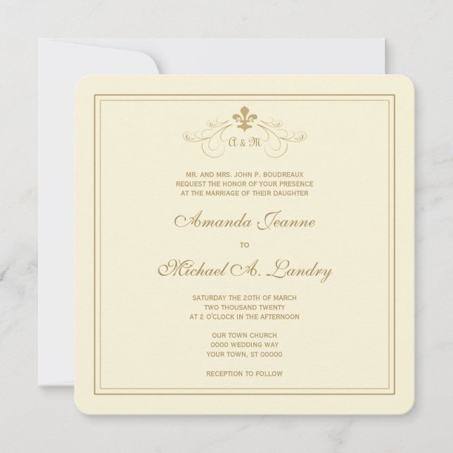 Golden Fleur de Lis Scroll Formal Wedding Invitation (Front)
