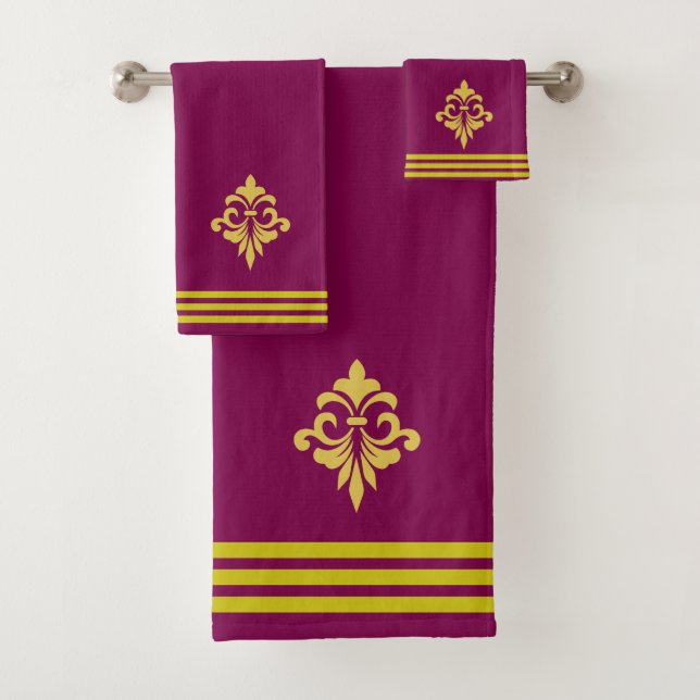 Golden Fleur de Lis, Three Stripes on Maroon Bath Towel Set (Insitu)