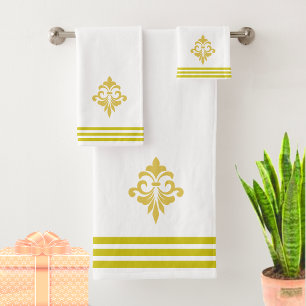 Golden Fleur de Lis, Three Stripes on White Bath Towel Set