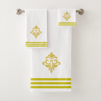 Golden Fleur de Lis, Three Stripes on White Bath Towel Set