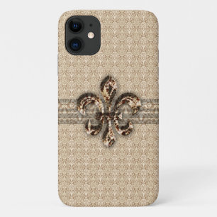 Golden Fleur De Lis with Cream Damask Pattern iPhone 11 Case