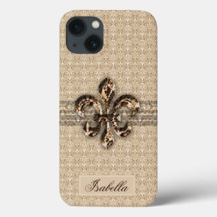 Golden Fleur De Lis with Cream Damask Pattern iPhone 13 Case