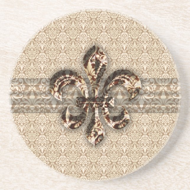 Golden Fleur De Lis with Cream Damask Pattern Coaster (Front)