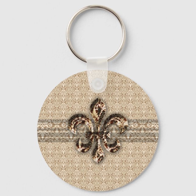 Golden Fleur De Lis with Cream Damask Pattern Key Ring (Front)