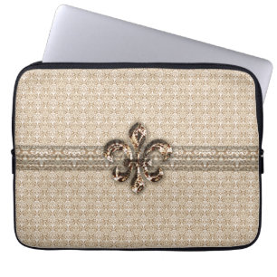 Golden Fleur De Lis with Cream Damask Pattern Laptop Sleeve