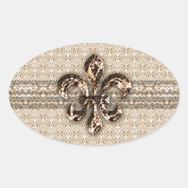 Golden Fleur De Lis with Cream Damask Pattern Oval Sticker (Front)
