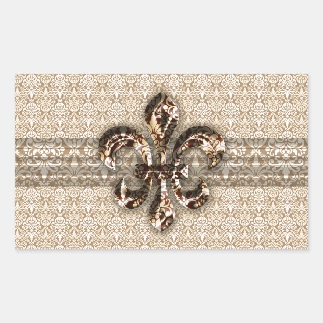 Golden Fleur De Lis with Cream Damask Pattern Rectangular Sticker (Front)