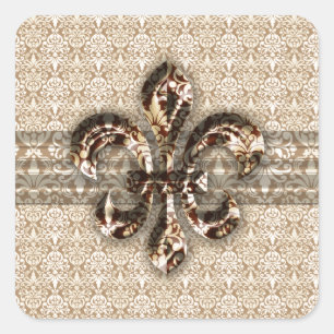 Golden Fleur De Lis with Cream Damask Pattern Square Sticker